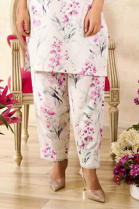 Rainas_Pink Linen Lace, Beads Mandarin Collar Blossom Print Tunic With Pant _Online_at_Aza_Fashions