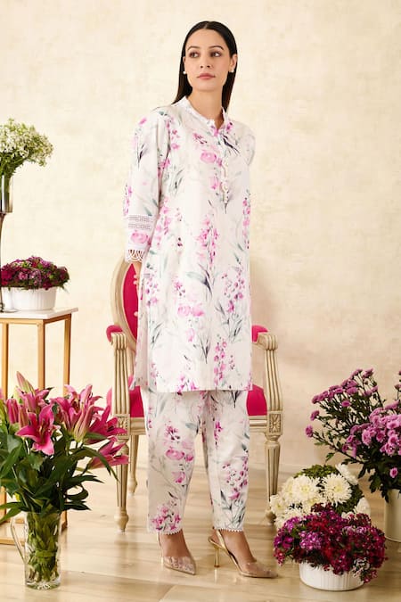 Buy_Rainas_Pink Linen Lace, Beads Mandarin Collar Blossom Print Tunic With Pant _Online_at_Aza_Fashions