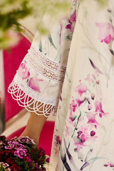 Shop_Rainas_Pink Linen Lace, Beads Mandarin Collar Blossom Print Tunic With Pant _Online_at_Aza_Fashions