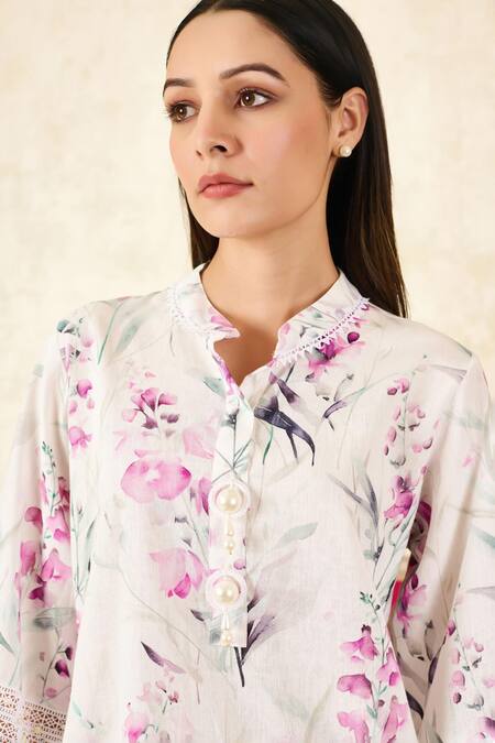 Rainas_Pink Linen Lace, Beads Mandarin Collar Blossom Print Tunic With Pant _at_Aza_Fashions