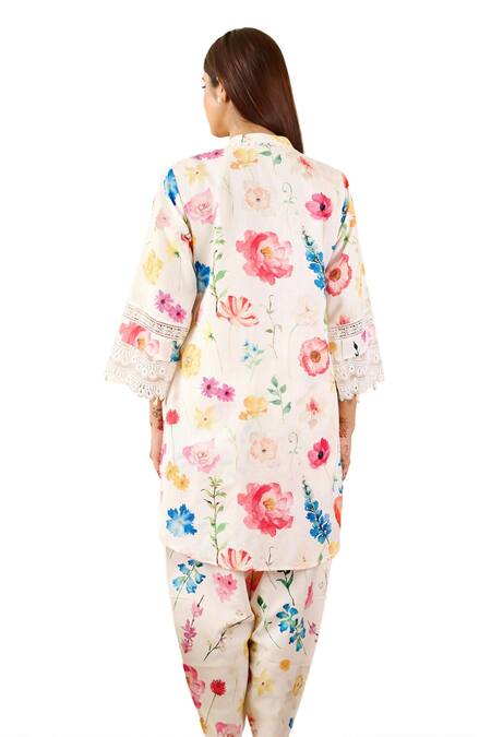 Rainas Off White Linen Lace Mandarin Collar Poppy Print Tunic With Tulip Pant Online at Aza Fashions Rainas_Off White Linen Lace Mandarin Collar Poppy Print Tunic With Tulip Pant_Online_at_Aza_Fashions