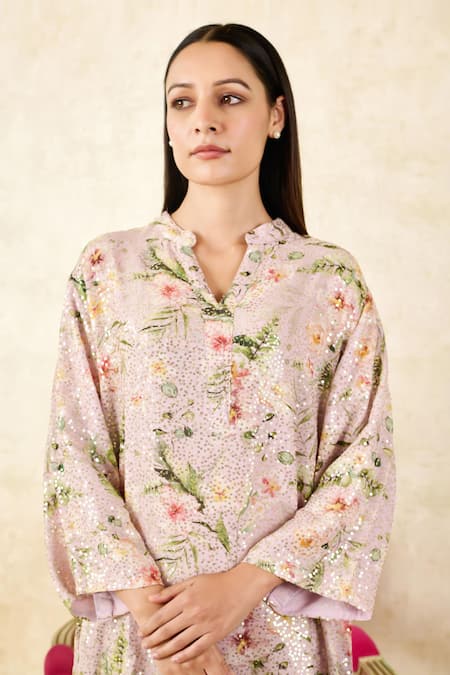 Rainas_Pink Georgette Sequins Mandarin Collar Floral Print Asymmetric Tunic With Pant_Online_at_Aza_Fashions