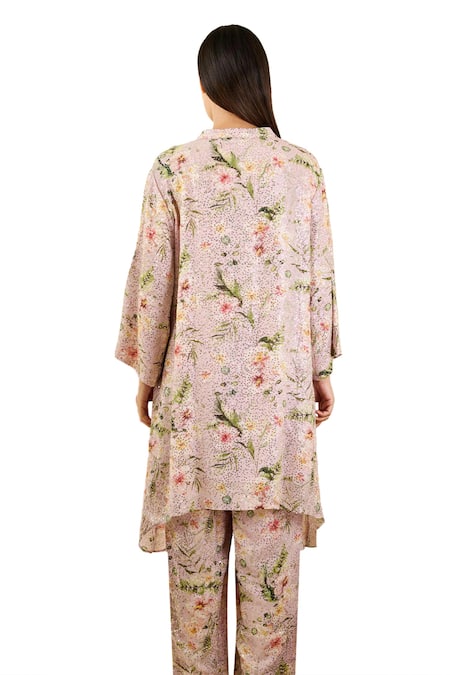 Buy_Rainas_Pink Georgette Sequins Mandarin Collar Floral Print Asymmetric Tunic With Pant_Online_at_Aza_Fashions