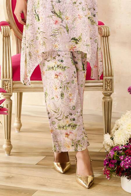 Shop_Rainas_Pink Georgette Sequins Mandarin Collar Floral Print Asymmetric Tunic With Pant_Online_at_Aza_Fashions