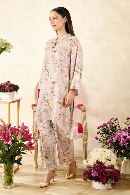 Rainas_Pink Georgette Sequins Mandarin Collar Floral Print Asymmetric Tunic With Pant_at_Aza_Fashions