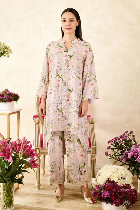 Buy_Rainas_Pink Georgette Sequins Mandarin Collar Floral Print Asymmetric Tunic With Pant