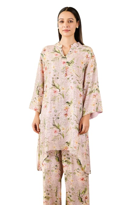 Shop_Rainas_Pink Georgette Sequins Mandarin Collar Floral Print Asymmetric Tunic With Pant