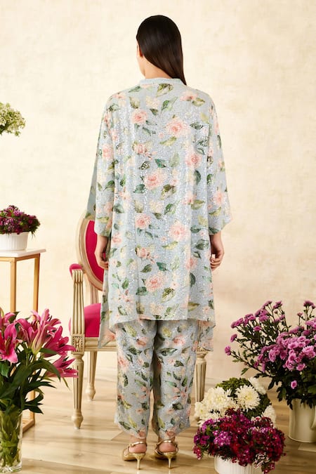 Shop Rainas Blue Georgette Embroidery, Sequins Rose Print Asymmetric Tunic With Pant at Aza Fashions Shop_Rainas_Blue Georgette Embroidery, Sequins Rose Print Asymmetric Tunic With Pant_at_Aza_Fashions