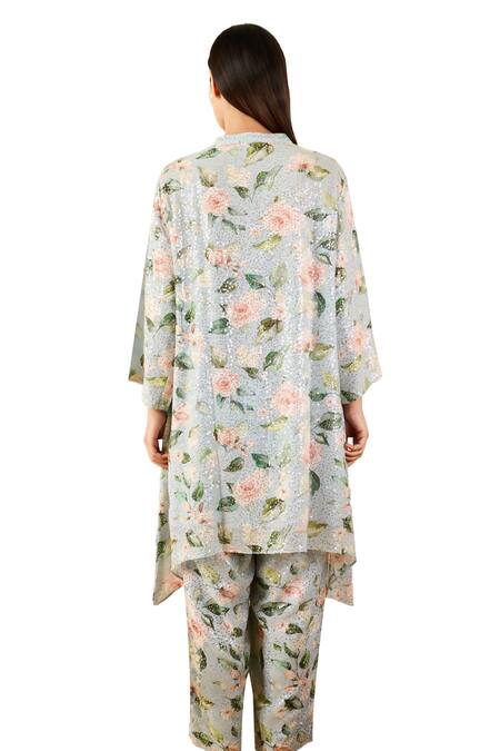 Rainas Blue Georgette Embroidery, Sequins Rose Print Asymmetric Tunic With Pant Online at Aza Fashions Rainas_Blue Georgette Embroidery, Sequins Rose Print Asymmetric Tunic With Pant_Online_at_Aza_Fashions