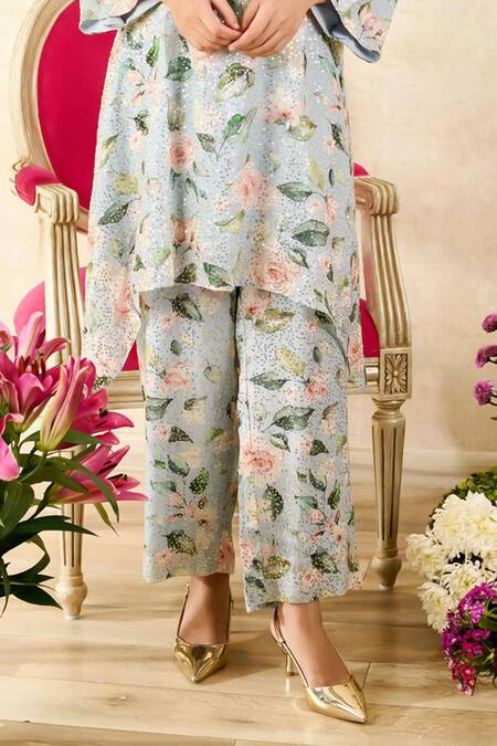 Buy Rainas Blue Georgette Embroidery, Sequins Rose Print Asymmetric Tunic With Pant Online at Aza Fashions Buy_Rainas_Blue Georgette Embroidery, Sequins Rose Print Asymmetric Tunic With Pant_Online_at_Aza_Fashions