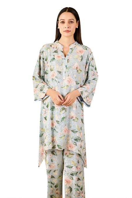 Shop Rainas Blue Georgette Embroidery, Sequins Rose Print Asymmetric Tunic With Pant Online at Aza Fashions Shop_Rainas_Blue Georgette Embroidery, Sequins Rose Print Asymmetric Tunic With Pant_Online_at_Aza_Fashions