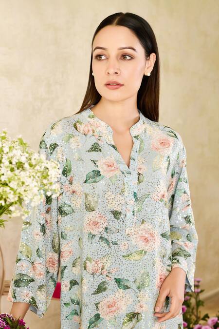 Buy Rainas Blue Georgette Embroidery, Sequins Rose Print Asymmetric Tunic With Pant Buy_Rainas_Blue Georgette Embroidery, Sequins Rose Print Asymmetric Tunic With Pant