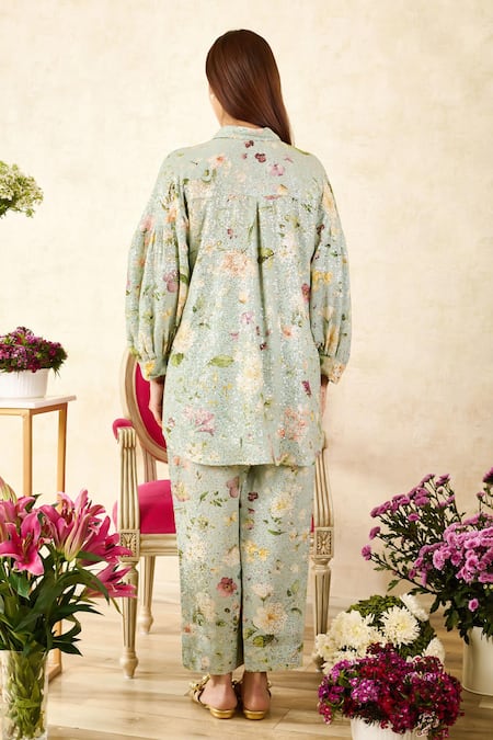 Shop_Rainas_Green Georgette Sequins Shawl Neck Garden Print Shirt With Pant_at_Aza_Fashions
