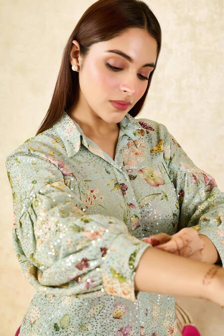 Rainas_Green Georgette Sequins Shawl Neck Garden Print Shirt With Pant_Online_at_Aza_Fashions