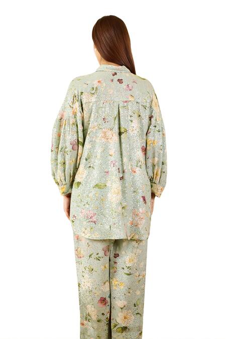 Buy_Rainas_Green Georgette Sequins Shawl Neck Garden Print Shirt With Pant_Online_at_Aza_Fashions