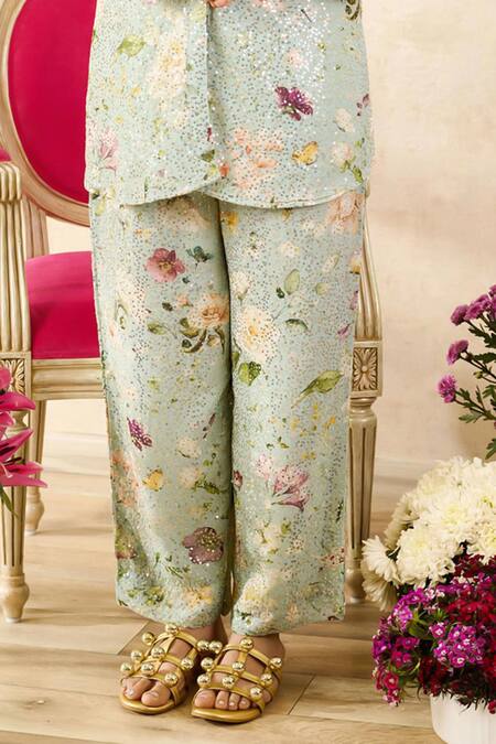Shop_Rainas_Green Georgette Sequins Shawl Neck Garden Print Shirt With Pant_Online_at_Aza_Fashions