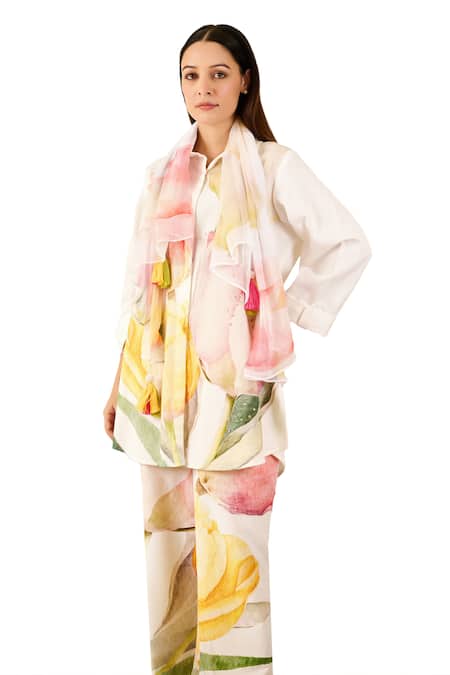 Shop_Rainas_Beige Linen, Chiffon Sequins Tulip Print Shirt Pant Set _Online_at_Aza_Fashions