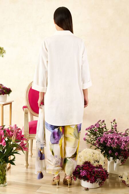 Rainas_Beige Linen, Chiffon Sequins, Tassels Peach Blossom Print Shirt Pant Set _Online_at_Aza_Fashions