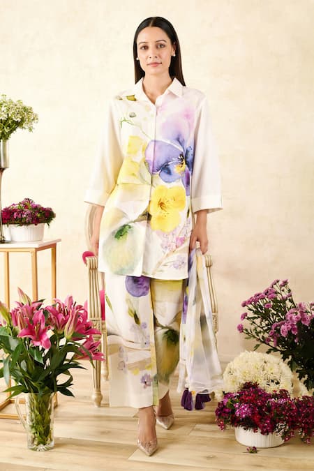Buy_Rainas_Beige Linen, Chiffon Sequins, Tassels Peach Blossom Print Shirt Pant Set _Online_at_Aza_Fashions