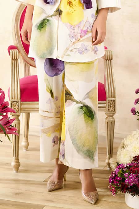 Shop_Rainas_Beige Linen, Chiffon Sequins, Tassels Peach Blossom Print Shirt Pant Set _Online_at_Aza_Fashions