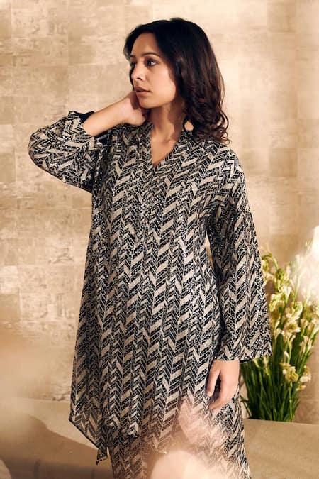 Shop Rainas Black Georgette Sequins Mandarin Collar Printed Tunic And Pant Set at Aza Fashions Shop_Rainas_Black Georgette Sequins Mandarin Collar Printed Tunic And Pant Set _at_Aza_Fashions