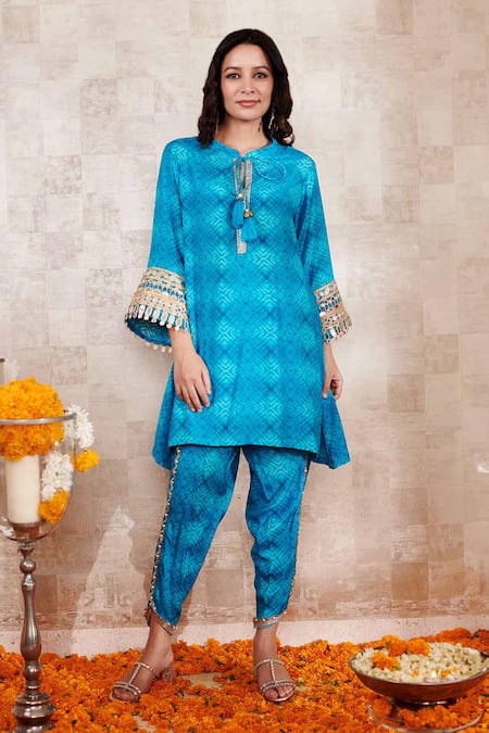 Rainas Blue Cotton Silk Printed Geometric Round Embroidered Kurta And Pant Set 