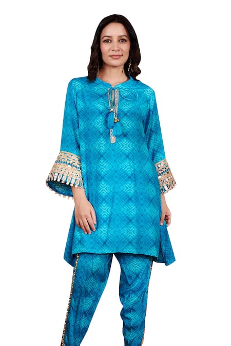 Shop Rainas Blue Cotton, Silk Gota Patti Round Geometric Print Embroidered Kurta And Pant Set at Aza Fashions Shop_Rainas_Blue Cotton, Silk Gota Patti Round Geometric Print Embroidered Kurta And Pant Set_at_Aza_Fashions