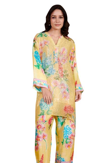 Buy Rainas Yellow Georgette, Satin Embroidery, Lace Floral Print Straight Kurta And Pant Set Online at Aza Fashions Buy_Rainas_Yellow Georgette, Satin Embroidery, Lace Floral Print Straight Kurta And Pant Set _Online_at_Aza_Fashions