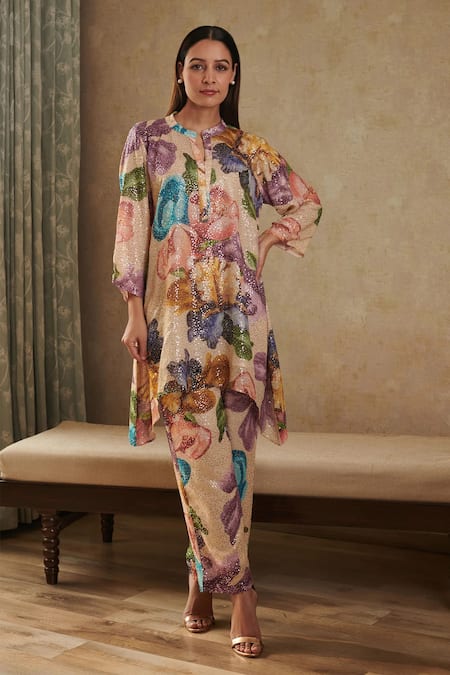 Rainas_Beige Georgette Sequins, Embroidery Mandarin Floral Print Kurta And Pant Set _Online_at_Aza_Fashions