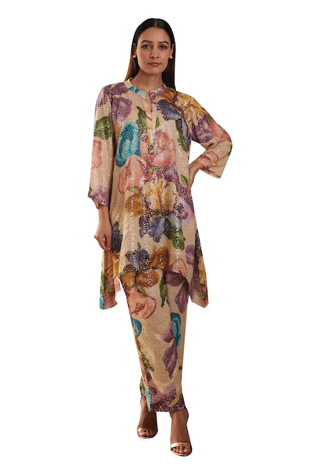 Buy_Rainas_Beige Georgette Sequins, Embroidery Mandarin Floral Print Kurta And Pant Set _Online_at_Aza_Fashions