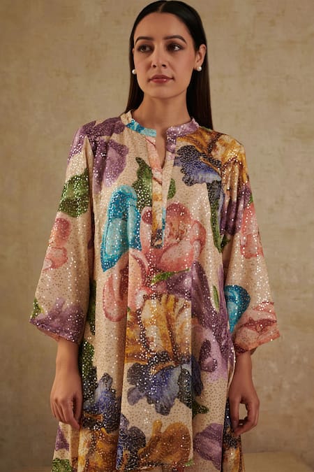 Shop_Rainas_Beige Georgette Sequins, Embroidery Mandarin Floral Print Kurta And Pant Set _Online_at_Aza_Fashions