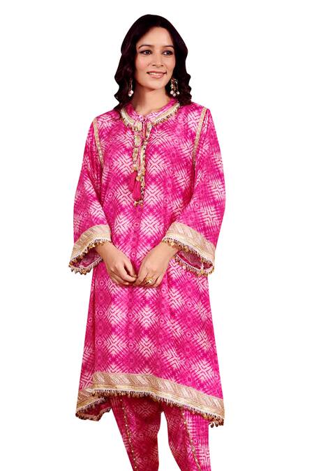 Rainas Pink Cotton, Silk Embroidery, Lace Round Neck Printed Kurta And Pant Set Online at Aza Fashions Rainas_Pink Cotton, Silk Embroidery, Lace Round Neck Printed Kurta And Pant Set_Online_at_Aza_Fashions