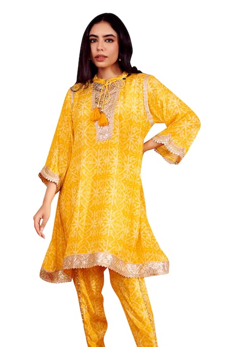 Buy_Rainas_Yellow Cotton, Silk Tassels, Lace Round Embroidered Printed Kurta And Pant Set _Online_at_Aza_Fashions