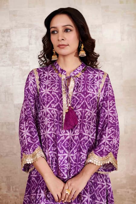 Shop Rainas Purple Cotton, Silk Lace Round Neck Embroidered Geometric Print Kurta And Pant Set at Aza Fashions Shop_Rainas_Purple Cotton, Silk Lace Round Neck Embroidered Geometric Print Kurta And Pant Set_at_Aza_Fashions