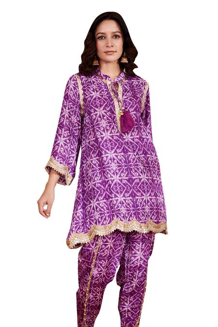 Rainas Purple Cotton, Silk Lace Round Neck Embroidered Geometric Print Kurta And Pant Set Online at Aza Fashions Rainas_Purple Cotton, Silk Lace Round Neck Embroidered Geometric Print Kurta And Pant Set_Online_at_Aza_Fashions