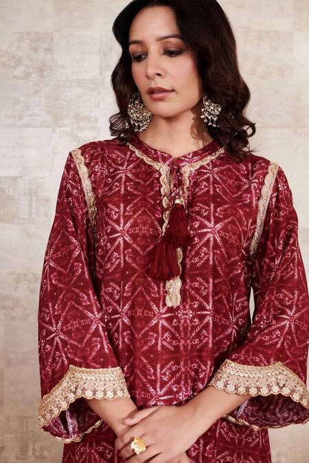 Shop Rainas Maroon Cotton, Silk Lace Round Neck Embroidered Geometric Print Kurta And Pant Set at Aza Fashions Shop_Rainas_Maroon Cotton, Silk Lace Round Neck Embroidered Geometric Print Kurta And Pant Set_at_Aza_Fashions