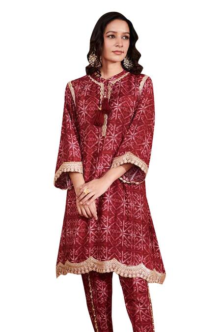 Rainas Maroon Cotton, Silk Lace Round Neck Embroidered Geometric Print Kurta And Pant Set Online at Aza Fashions Rainas_Maroon Cotton, Silk Lace Round Neck Embroidered Geometric Print Kurta And Pant Set_Online_at_Aza_Fashions
