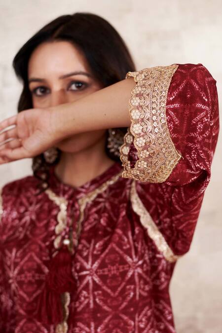 Buy Rainas Maroon Cotton, Silk Lace Round Neck Embroidered Geometric Print Kurta And Pant Set Online at Aza Fashions Buy_Rainas_Maroon Cotton, Silk Lace Round Neck Embroidered Geometric Print Kurta And Pant Set_Online_at_Aza_Fashions