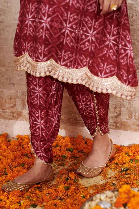 Shop Rainas Maroon Cotton, Silk Lace Round Neck Embroidered Geometric Print Kurta And Pant Set Online at Aza Fashions Shop_Rainas_Maroon Cotton, Silk Lace Round Neck Embroidered Geometric Print Kurta And Pant Set_Online_at_Aza_Fashions
