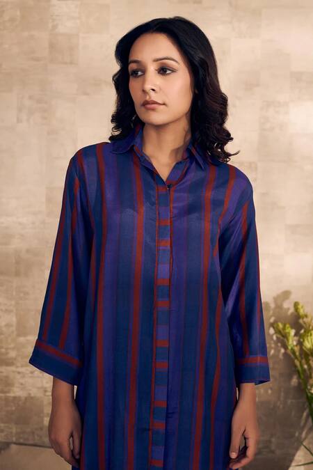 Shop Rainas Blue Cotton, Silk Collared Striped Kurta And Pant Set at Aza Fashions Shop_Rainas_Blue Cotton, Silk Collared Striped Kurta And Pant Set_at_Aza_Fashions