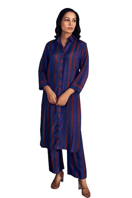 Rainas Blue Cotton, Silk Collared Striped Kurta And Pant Set Online at Aza Fashions Rainas_Blue Cotton, Silk Collared Striped Kurta And Pant Set_Online_at_Aza_Fashions