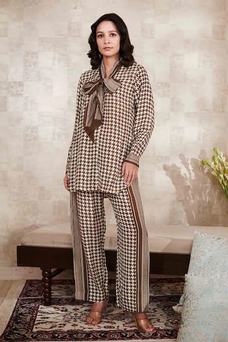 Shop_Rainas_Brown Cotton, Silk Turtle Neck Geometric Print Shirt And Pant Set _at_Aza_Fashions