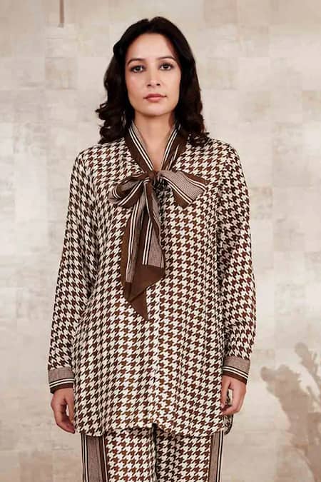 Rainas_Brown Cotton, Silk Turtle Neck Geometric Print Shirt And Pant Set _Online_at_Aza_Fashions