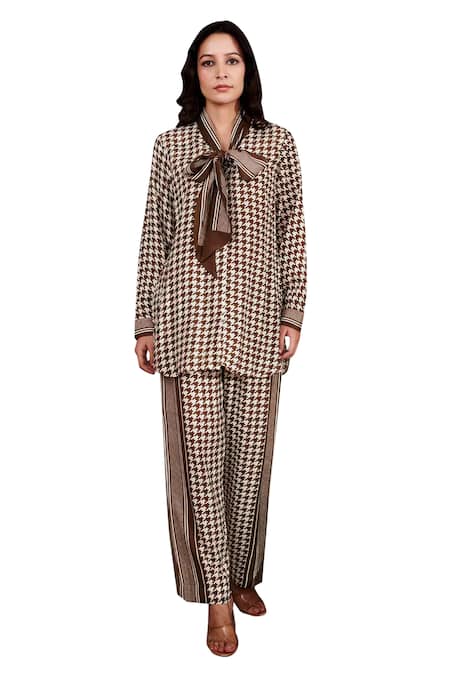 Buy_Rainas_Brown Cotton, Silk Turtle Neck Geometric Print Shirt And Pant Set _Online_at_Aza_Fashions