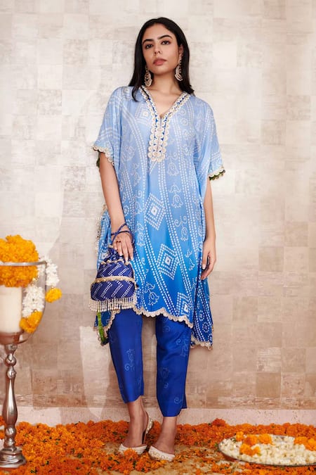 Shop_Rainas_Blue Cotton, Silk Embroidery, Lace V-neck Bandhani Print Kaftan And Pant Set _at_Aza_Fashions