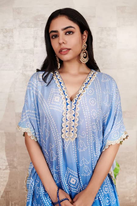 Rainas_Blue Cotton, Silk Embroidery, Lace V-neck Bandhani Print Kaftan And Pant Set _Online_at_Aza_Fashions