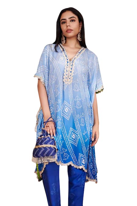 Buy_Rainas_Blue Cotton, Silk Embroidery, Lace V-neck Bandhani Print Kaftan And Pant Set _Online_at_Aza_Fashions