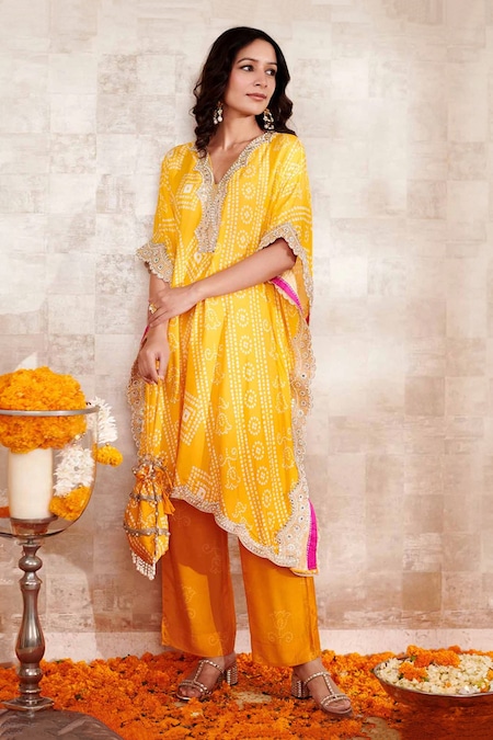 Rainas Yellow Cotton, Silk Lace, Embroidery, Beads V-neck Printed Kaftan And Pant Set 
