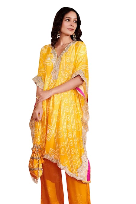 Rainas_Yellow Cotton, Silk Lace, Embroidery, Beads V-neck Printed Kaftan And Pant Set _Online_at_Aza_Fashions