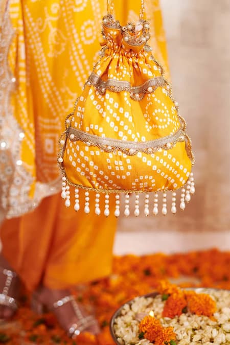 Buy_Rainas_Yellow Cotton, Silk Lace, Embroidery, Beads V-neck Printed Kaftan And Pant Set _Online_at_Aza_Fashions